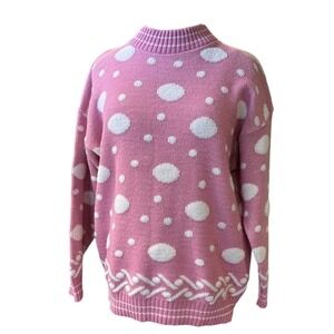 Kate Collins Pink White Polka Dot Sparkle Knit Sweater Women Made in USA L